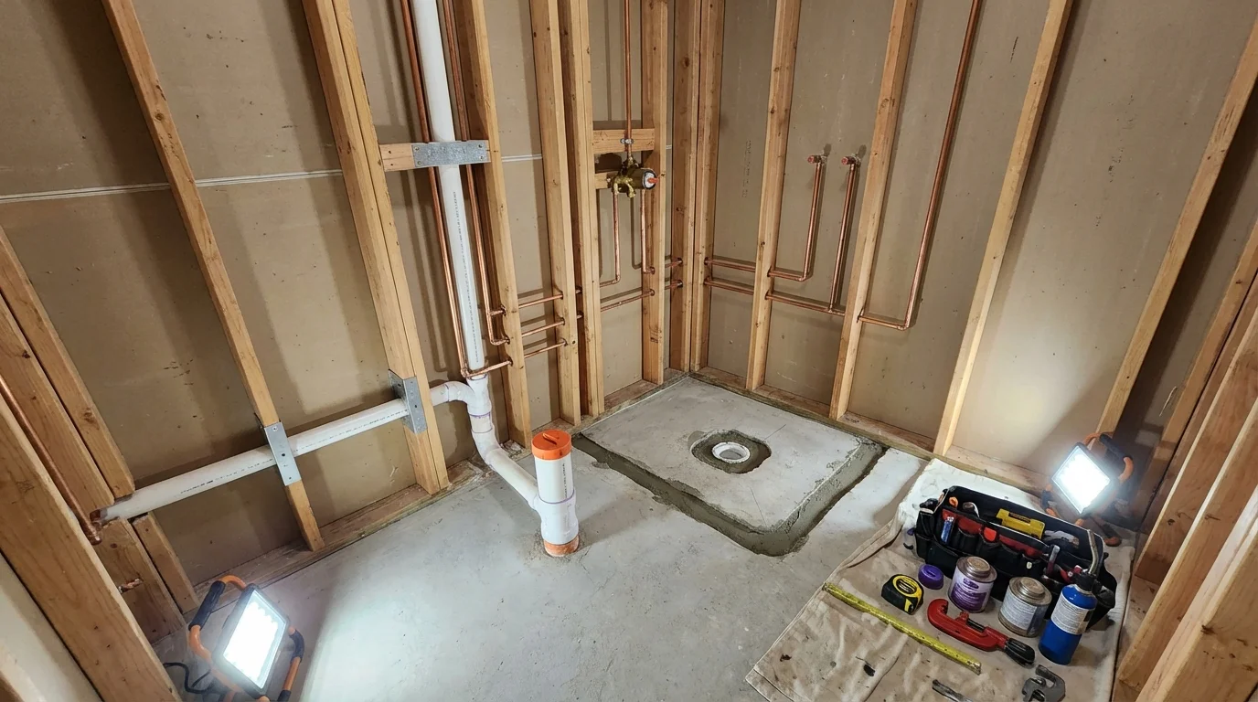 Bathroom rough-in plumbing during remodel by Johns Plumbing LLC in Cambridge City