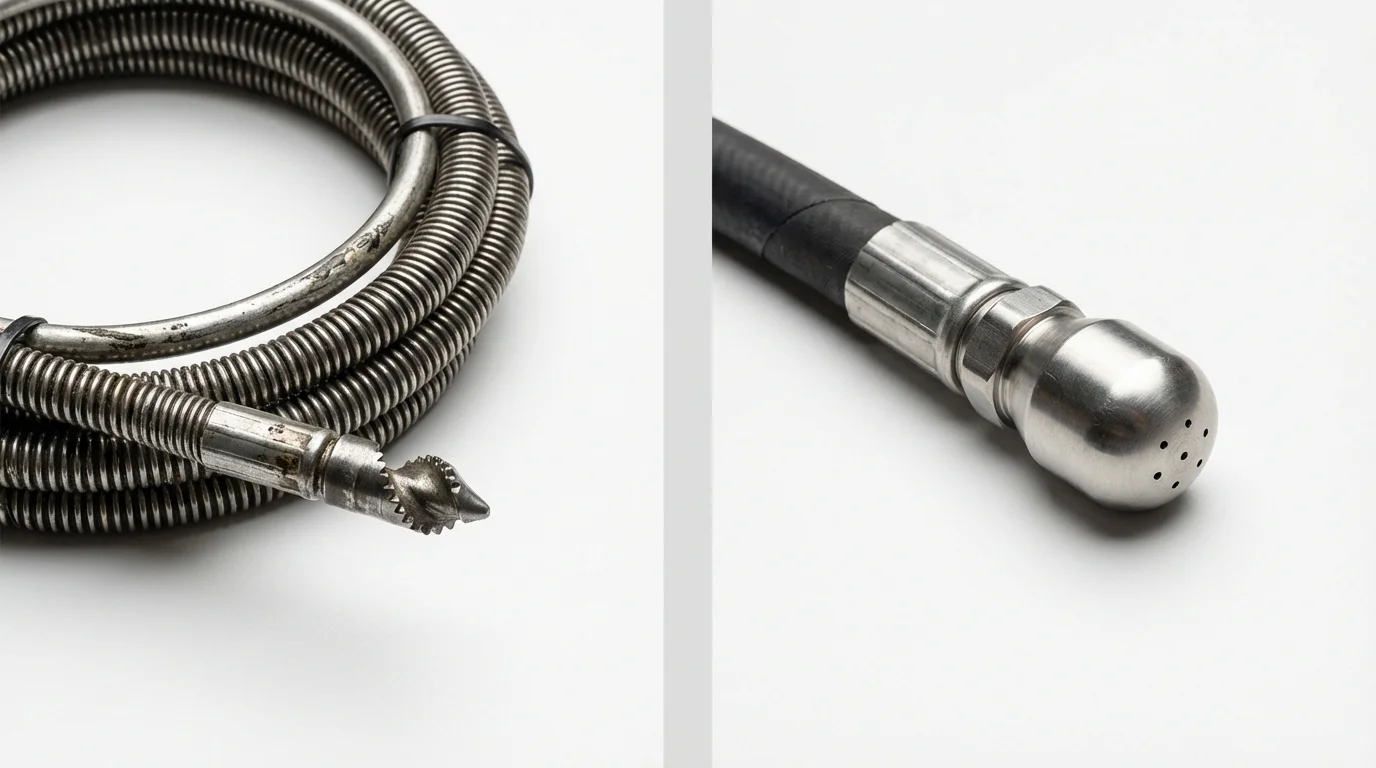 Drain snake cable and hydro jetting nozzle used for drain cleaning in Cambridge City, IN