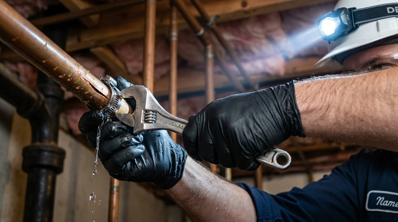 Emergency pipe clamp repair being performed by a Johns Plumbing LLC plumber in Cambridge City