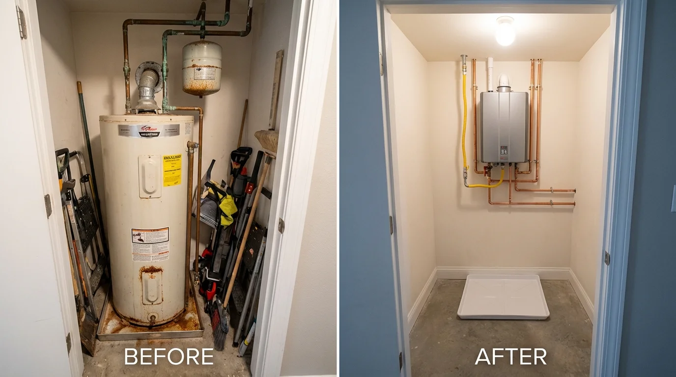 Tank water heater versus wall-mounted tankless unit comparison for Cambridge City, IN homeowners