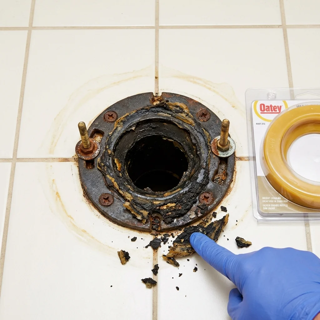 Failed wax ring showing water seepage at the base of a toilet in a Cambridge City, IN home