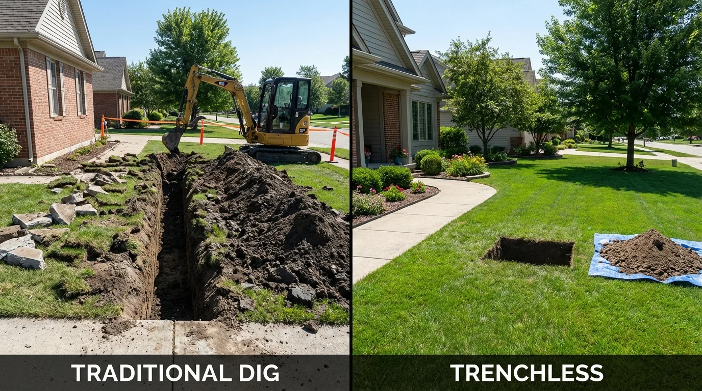 Trenchless sewer repair with minimal yard damage versus traditional excavation in Cambridge City, IN
