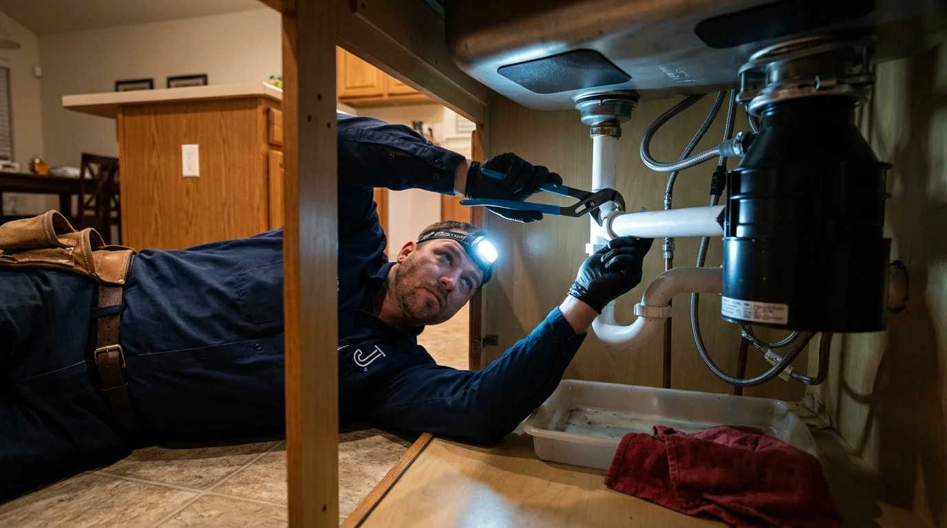 P-trap and supply line connections under a kitchen sink showing a common leak point in Cambridge City, IN